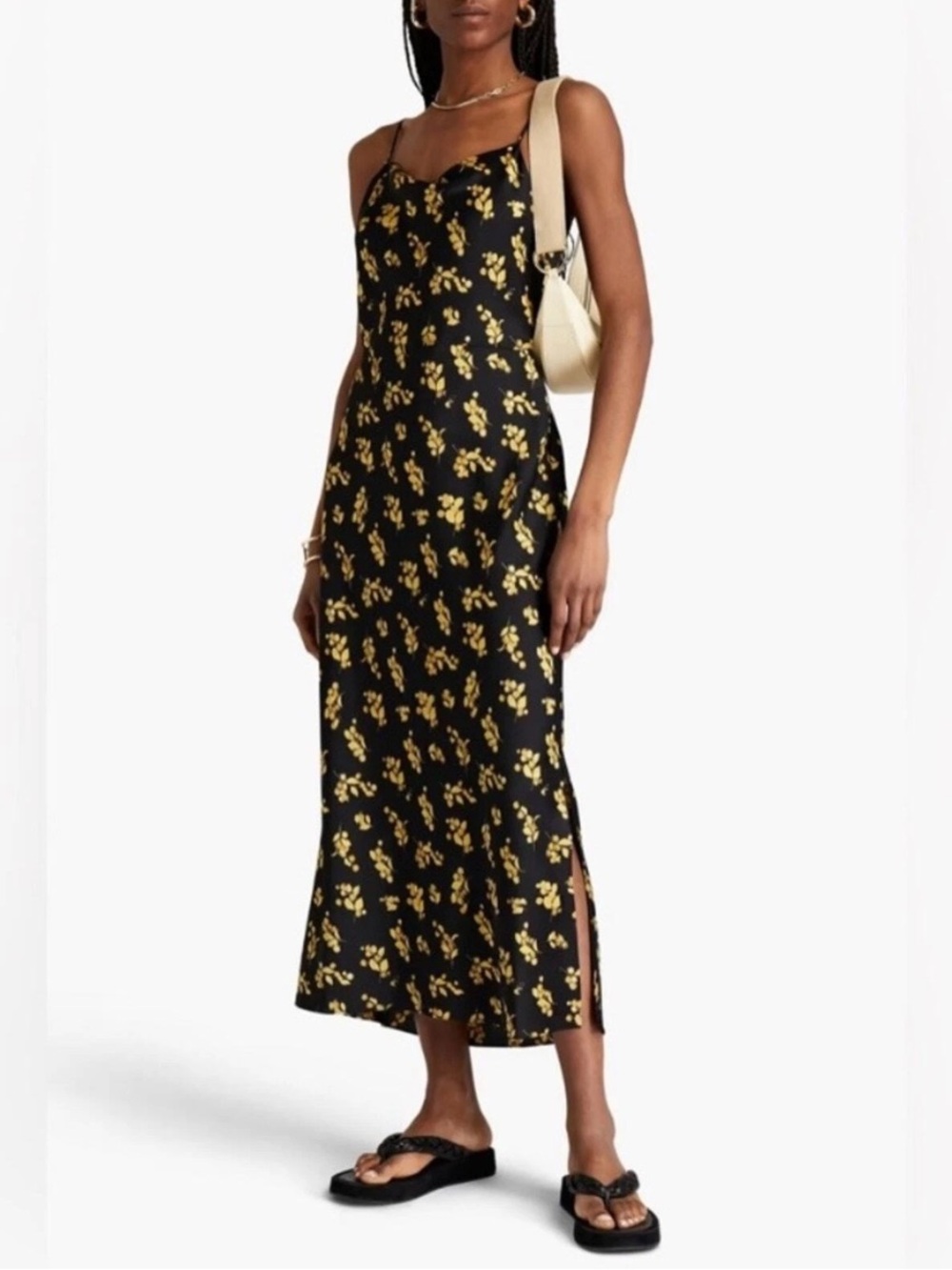 VINCE. Black Gold Floral Satin Slip Dress Size 8 Midi Bias Cut Luxury Minimalist